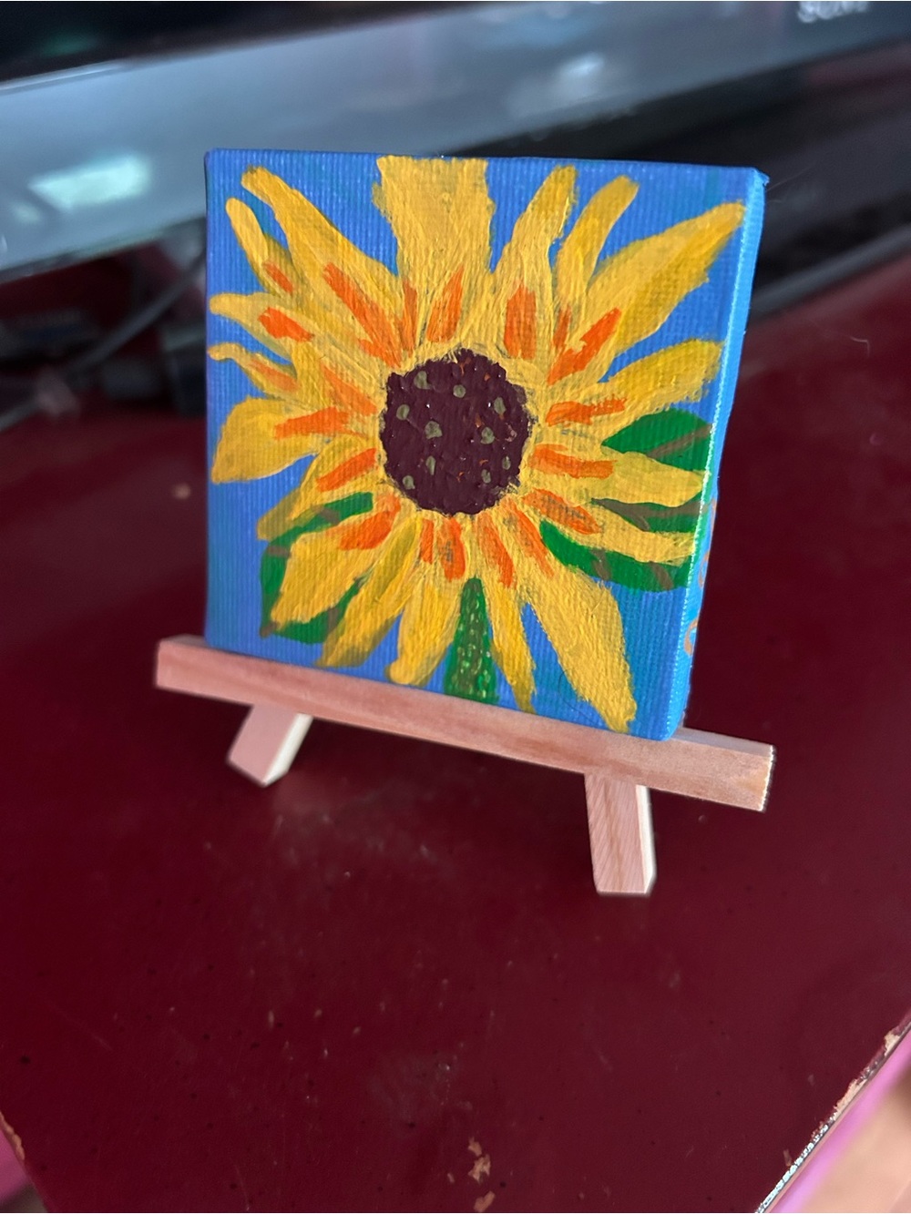 Original Mini Sunflower Painting with Easel